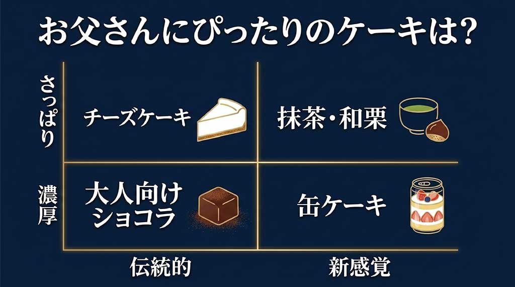 伝統的から新感覚、さっぱりから濃厚まで、父の好みに合わせたケーキの種類を分類したガイド図