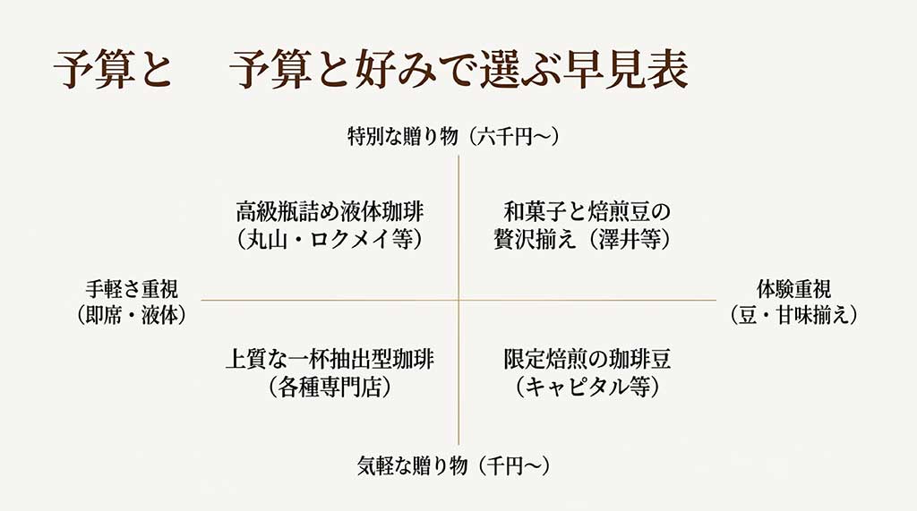 「予算と好みで選ぶ早見表」のマトリクス図。千円からの気軽な贈り物（上質な一杯抽出型や限定焙煎の珈琲豆）から、六千円からの特別な贈り物（高級瓶詰め液体珈琲や和菓子と焙煎豆の贅沢揃え）まで、手軽さ重視・体験重視の軸で分類されたマップ。