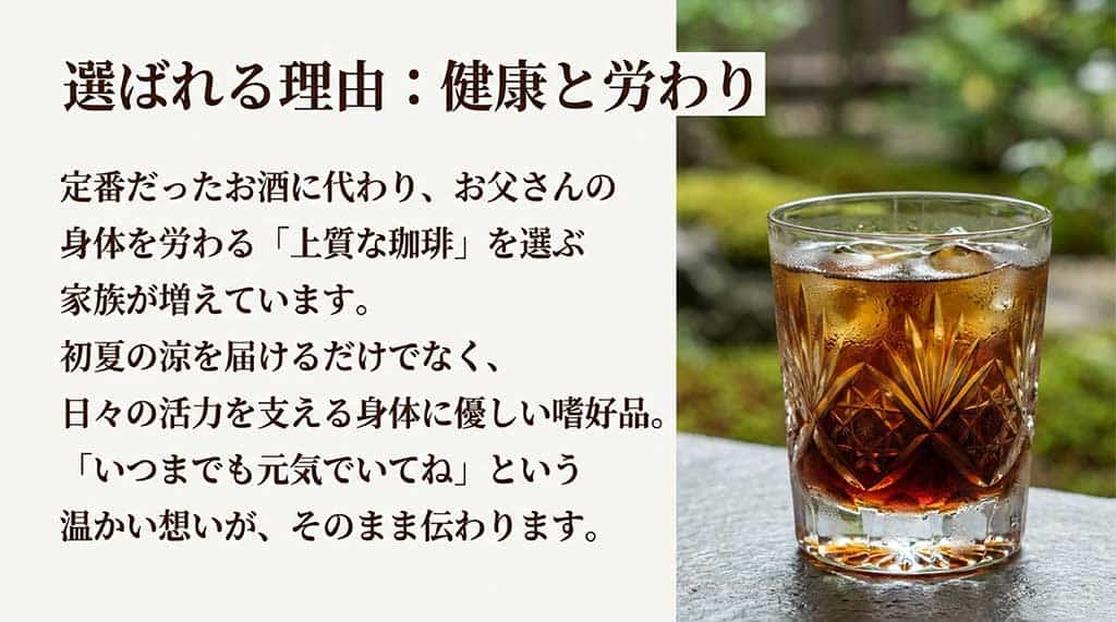 「選ばれる理由：健康と労わり」と題されたスライド。お酒に代わり、初夏の涼を届け日々の活力を支える、身体に優しい上質な珈琲を父親に贈る家族が増えていることを説明しています。