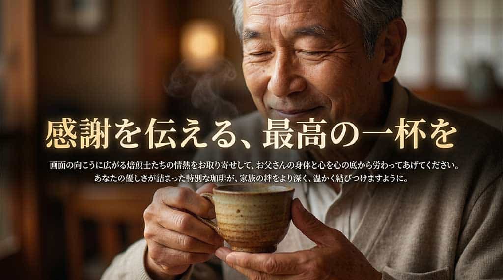 「感謝を伝える、最高の一杯を」と題された結びのスライド。焙煎士たちの情熱をお取り寄せして父親の身体と心を労わること、優しさの詰まった珈琲が家族の絆を深く温く結びつけることを願うメッセージが書かれています。