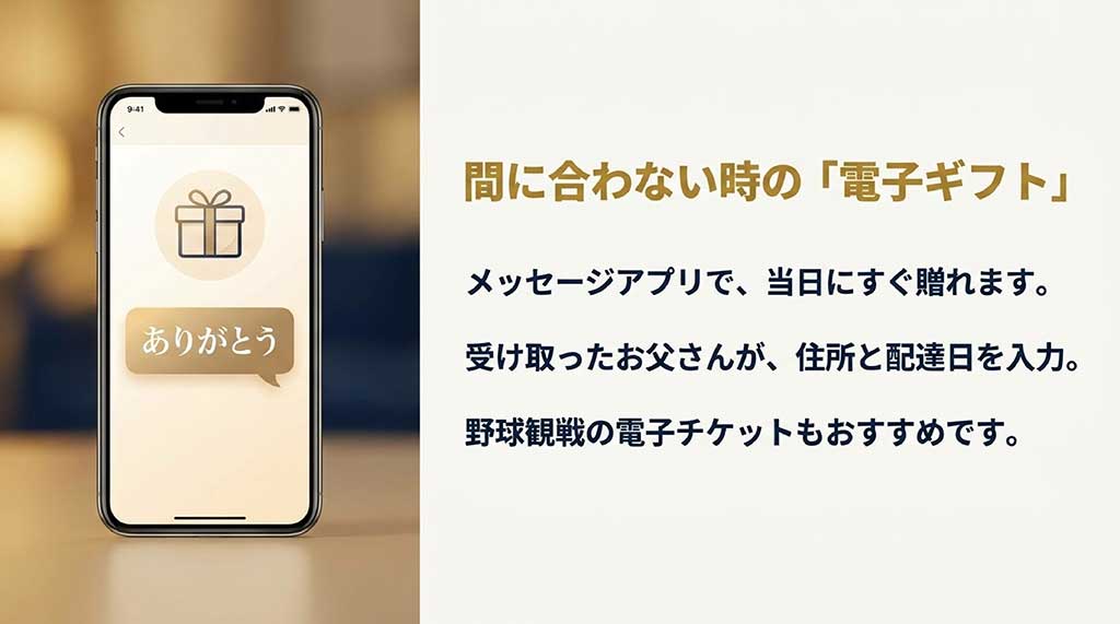 メッセージアプリで当日にすぐ贈れて、受け取った側が住所と配達日を入力する電子ギフト(ソーシャルギフト)や野球観戦の電子チケットを提案するスライド