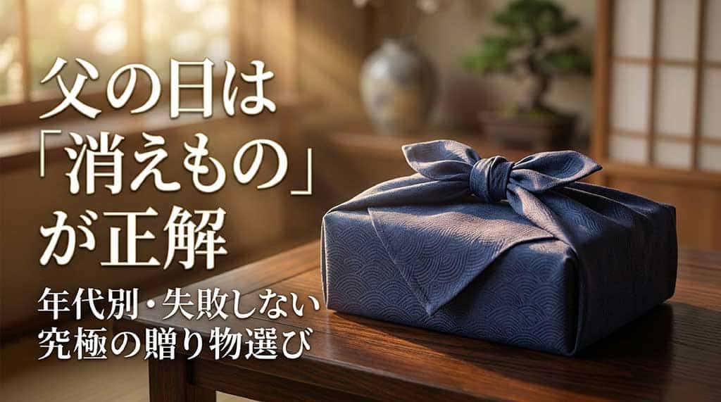 父の日は消えものが正解、年代別・失敗しない究極の贈り物選びと書かれた、父の日ギフト選びの解説スライドの表紙画像。