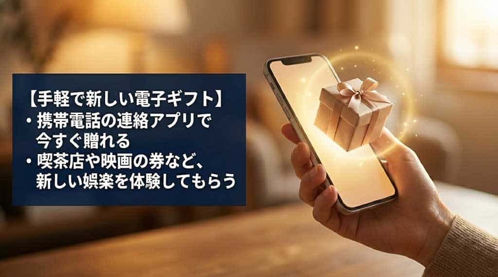 手軽で新しい電子ギフト。携帯電話の連絡アプリで今すぐ贈れる。喫茶店や映画の券など、新しい娯楽を体験してもらう