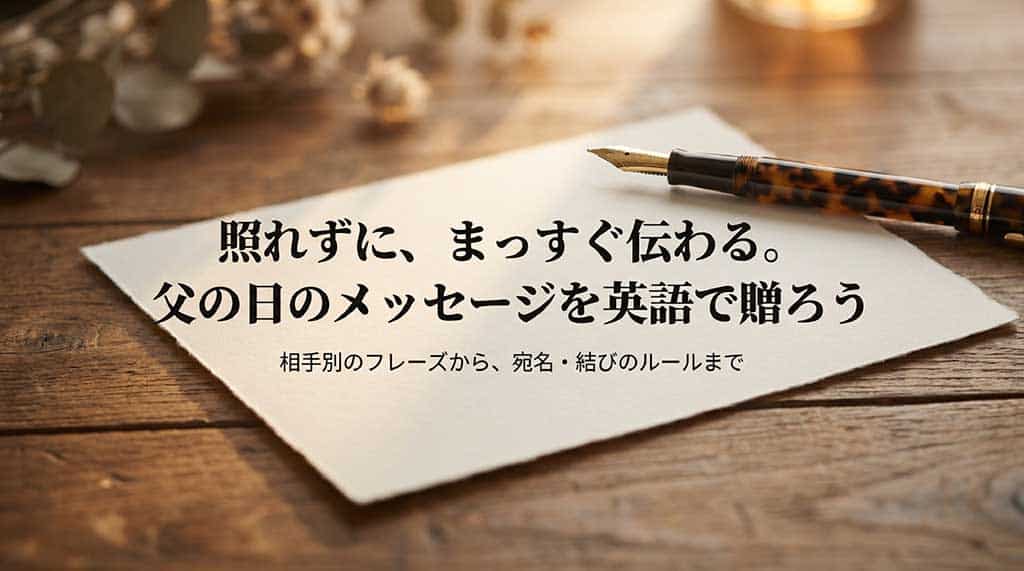 「照れずに、まっすぐ伝わる。父の日のメッセージを英語で贈ろう」と書かれた、父の日に英語でメッセージを贈るメリットを説明する導入スライド資料。