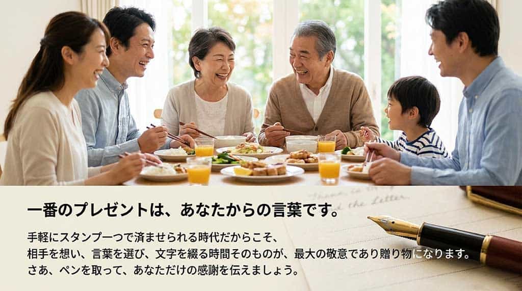 手軽なスタンプではなく、相手を想い言葉を綴る時間そのものが最大の贈り物であることを伝える結びのスライド