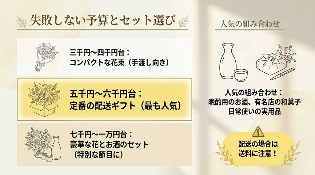 3,000円から1万円以上の予算別の内容と、お酒や和菓子を組み合わせた人気セットギフトのイメージ画像