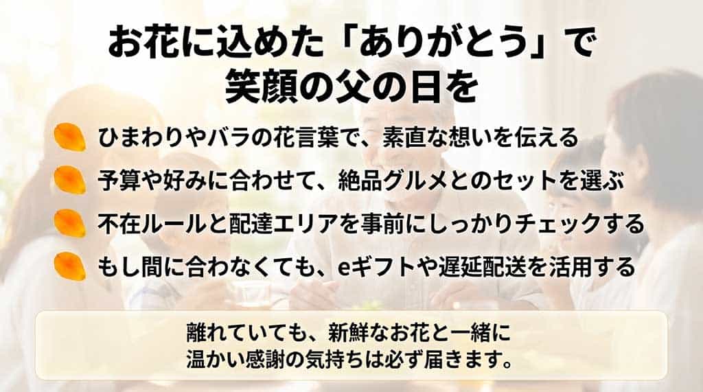 花言葉での想いの伝達、グルメセットの選択、配送ルールのチェック、eギフトの活用など父の日ギフトのまとめスライド