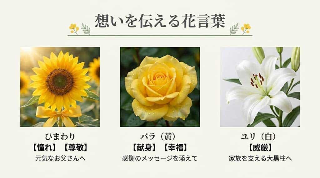 ひまわり(憧れ・尊敬)、黄色のバラ(献身・幸福)、白いユリ(威厳)の花言葉とそれぞれの特徴をまとめた比較画像