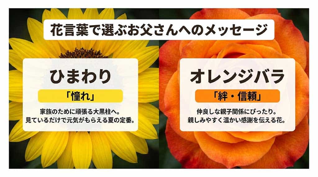 父の日ギフトに選ばれるひまわり（花言葉：憧れ）とオレンジバラ（花言葉：絆・信頼）のメッセージ紹介スライド