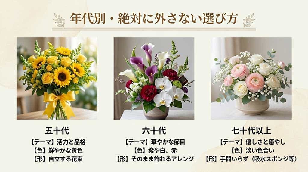50代(鮮やかな黄色)、60代(紫や白・赤)、70代以上(淡い色合い・手間いらず)といった年代別のテーマと形状を解説した画像