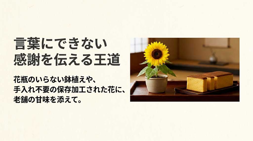 盆に乗ったひまわりの鉢植えとカットされたカステラのイメージ画像。「言葉にできない感謝を伝える王道」というタイトルで、花瓶のいらない鉢植えや手入れ不要の保存加工された花に、老舗の甘味を添えることを提案しているスライド。