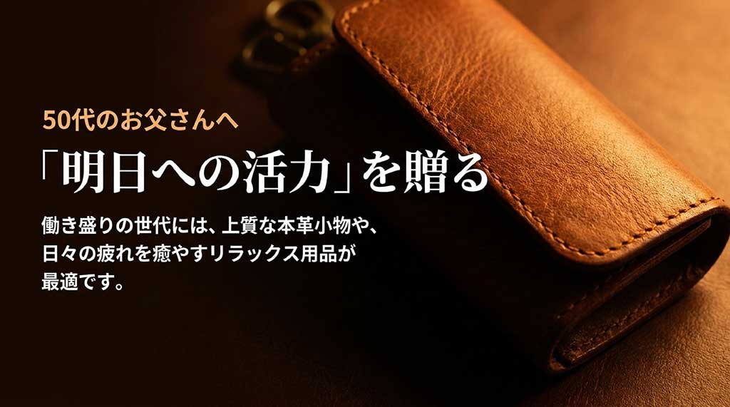 50代のお父さんへ「明日への活力」を贈るとして、働き盛りの世代には上質な本革小物や日々の疲れを癒やすリラックス用品が最適であることを説明するスライド