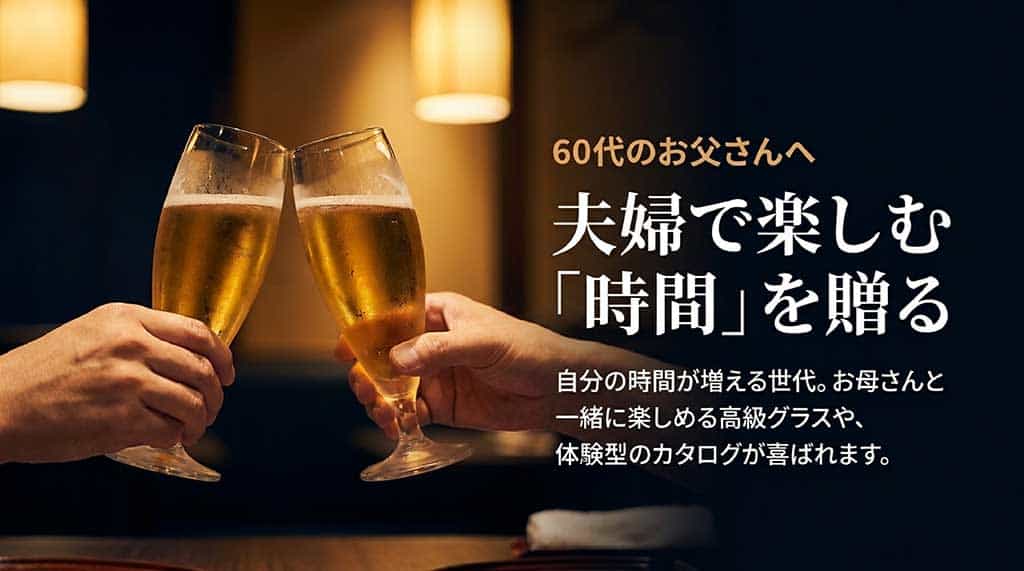 60代のお父さんへ夫婦で楽しむ「時間」を贈るとして、自分の時間が増える世代にはお母さんと一緒に楽しめる高級グラスや体験型のカタログが喜ばれることを説明するスライド。