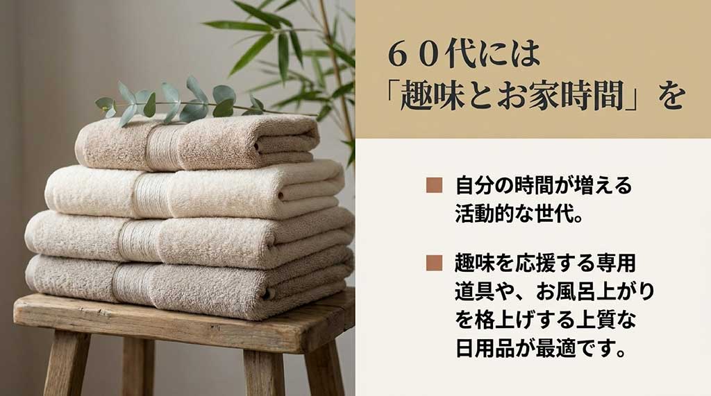 自分の時間が増える活動的な60代のお父さんには、趣味を応援する専用道具や、お風呂上がりを格上げする上質な日用品が最適であることを紹介するスライド