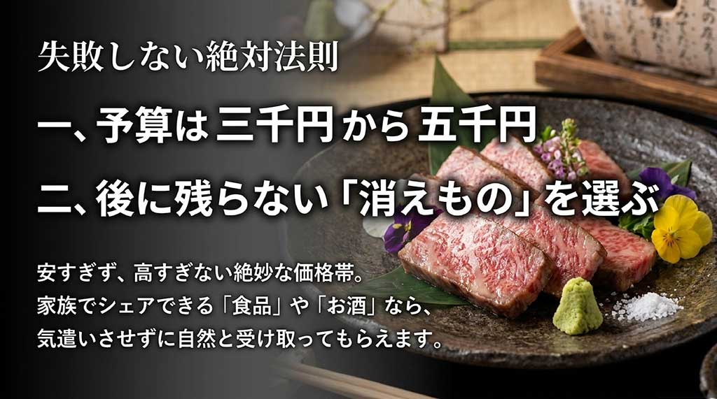 失敗しない絶対法則として、予算は3,000円から5,000円、後に残らない消えもの（食品やお酒）を選ぶことを推奨するスライド