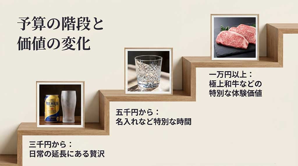 3,000円から10,000円以上まで、予算に応じたギフト内容と体験価値をまとめた図解
