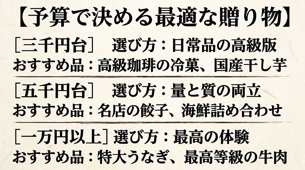 3千円、5千円、1万円以上の予算別選び方と、珈琲、餃子、うなぎ、牛肉などの具体例をまとめた表形式のスライド