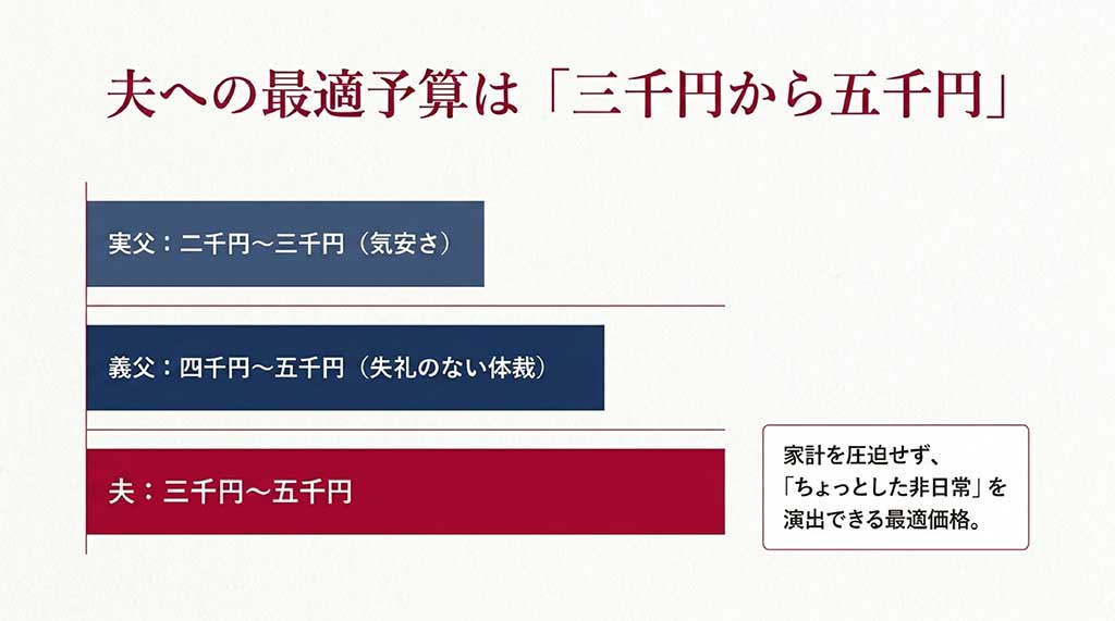 夫への最適予算は3,000円〜5,000円、実父は2,000円〜3,000円、義父は4,000円〜5,000円という予算相場と、家計に無理のない最適価格であることを示すスライド