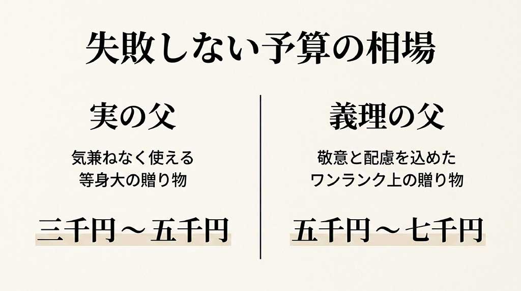 実の父には3,000円から5,000円の等身大の贈り物、義理の父には5,000円から7,000円のワンランク上の贈り物という、父の日ギフトの予算相場を示したスライド画像 。