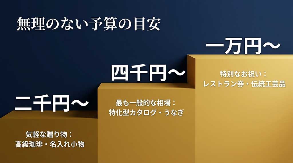 無理のない予算の目安を説明するスライド。2,000円〜は高級珈琲・名入れ小物などの気軽な贈り物、4,000円〜は特化型カタログ・うなぎなど最も一般的な相場、10,000円〜はレストラン券・伝統工芸品などの特別なお祝いと分類。