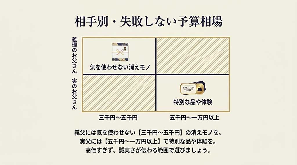 義父には3000円〜5000円の気を使わせない消えモノ、実父には5000円〜1万円以上の特別な品や体験