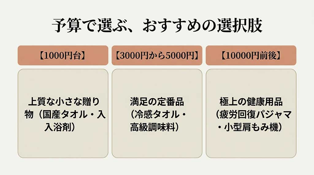 1000円台（国産タオル・入浴剤）、3000円〜5000円（冷感タオル・高級調味料）、10000円前後（疲労回復パジャマ・小型肩もみ機）の予算別おすすめギフトを一覧にしたスライド