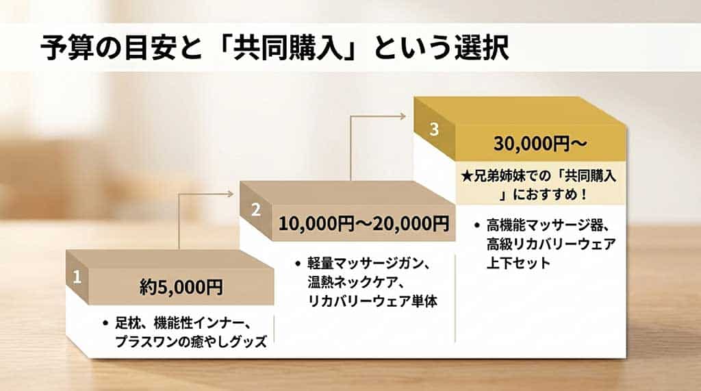 父の日ギフトの予算目安として、5,000円(足枕など)、10,000円〜20,000円(マッサージガンやリカバリーウェア)、30,000円〜(高級マッサージ器など共同購入向け)に分けた価格帯別の目安表スライド