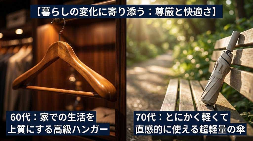 60代・70代のライフステージに合わせたギフト提案。家での生活を上質にする高級ハンガー、超軽量の傘
