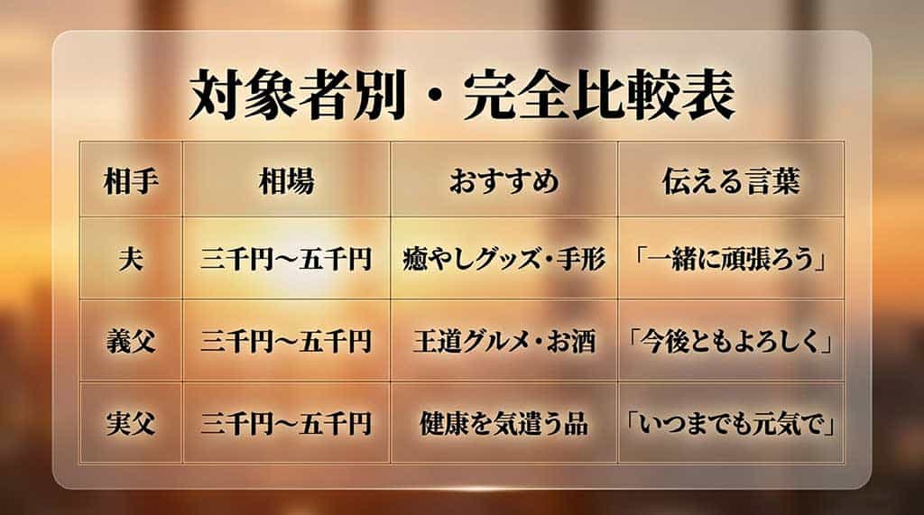 夫・義父・実父の3つの対象者別に、相場（すべて3,000円〜5,000円）、おすすめ（癒やしグッズ、王道グルメ、健康グッズ）、伝える言葉（一緒に頑張ろう、今後ともよろしく、いつまでも元気で）を一覧でまとめた完全比較表のスライド画像