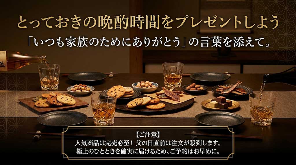 「いつも家族のためにありがとう」の言葉が添えられた結びのスライド。人気商品は完売必至のため、早めの予約を促す注意喚起のメッセージ