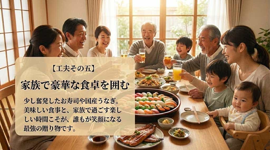 工夫その五として、家族で豪華な食卓を囲むアイデア。少し奮発したお寿司や国産うなぎなど、美味しい食事と家族で過ごす楽しい時間こそが最強の贈り物であることを伝えるスライド。