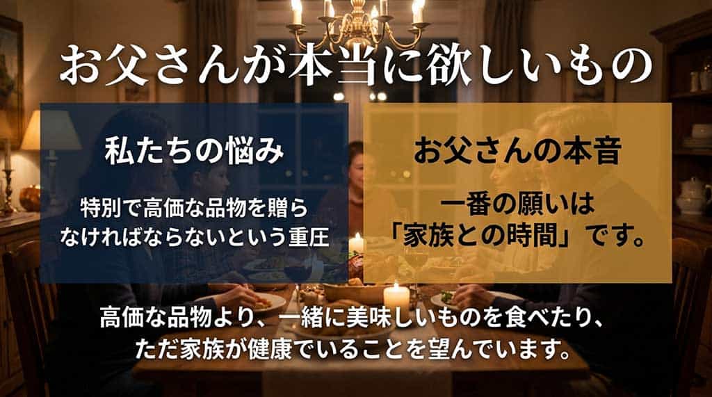 私たちの悩みとして「特別で高価な品物を贈らなければならないという重圧」に対し、お父さんの本音は「一番の願いは家族との時間」であり、一緒に美味しいものを食べたり健康を望んでいることを説明するスライド。