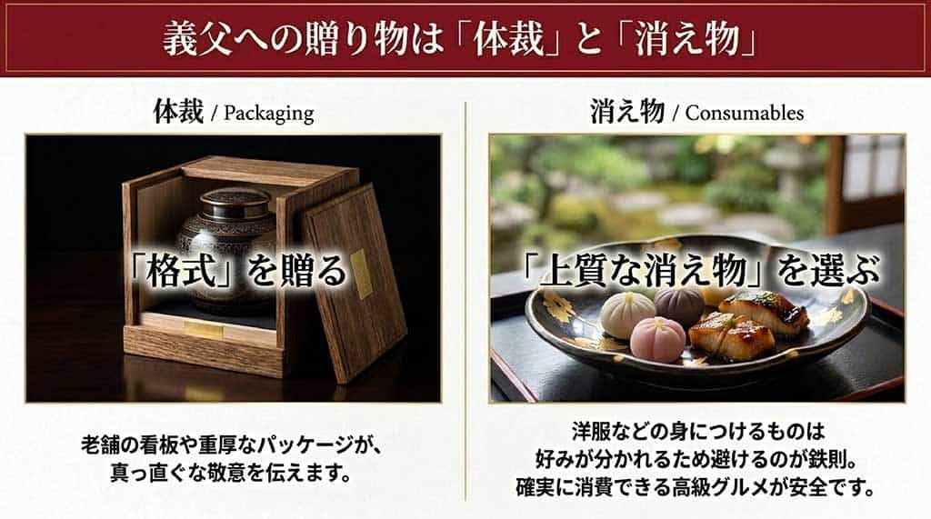 義父への贈り物は格式を伝えるパッケージと消え物を選ぶのが鉄則