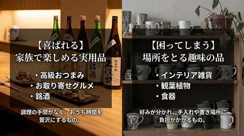 喜ばれる家族で楽しめる実用品（高級おつまみ・お取り寄せグルメ・銘酒）と、困ってしまう場所をとる趣味の品（インテリア雑貨・観葉植物・食器）を比較したスライド
