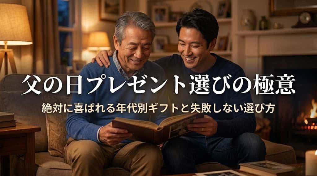 父の日のプレゼント選びの極意、絶対に喜ばれる年代別ギフトと失敗しない選び方と書かれたスライド資料の表紙