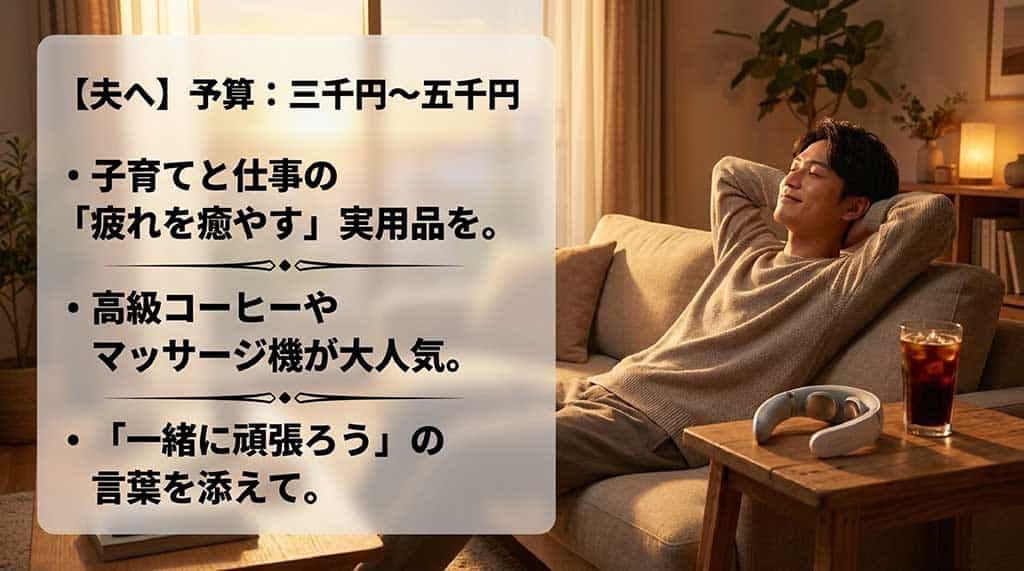 「【夫へ】予算:三千円~五千円」と記載され、子育てと仕事の疲れを癒やす実用品（高級コーヒーやマッサージ機）が人気であること、および「一緒に頑張ろう」の言葉を添えることを推奨するスライド画像