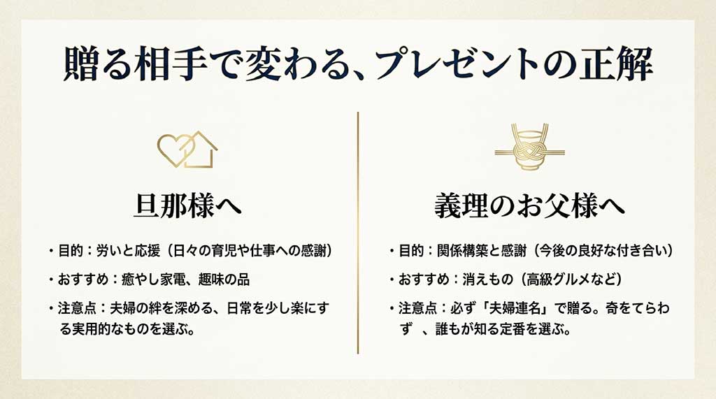 贈る相手(旦那・義父)ごとの目的、おすすめ、注意点をまとめた比較表。旦那には癒やし家電、義父には定番の消えものがおすすめ。