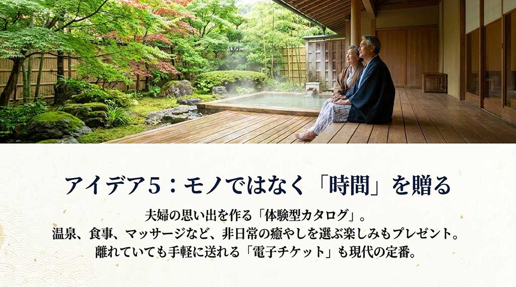 アイデア5：モノではなく「時間」を贈る。夫婦の思い出を作る「体験型カタログ」で温泉や食事など非日常の癒やしをプレゼント。手軽に送れる「電子チケット」も現代の定番と書かれたスライド