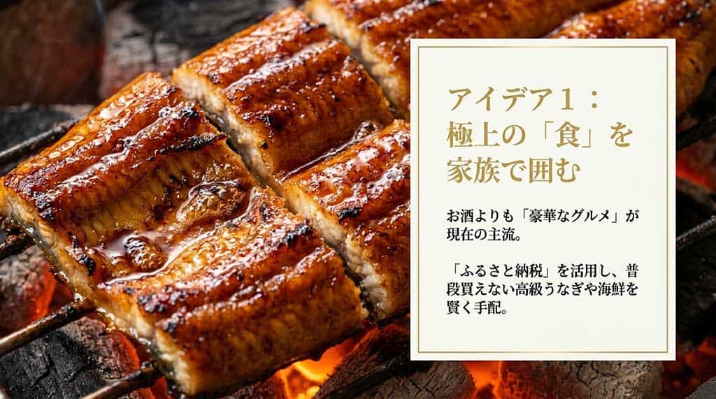 アイデア1：極上の「食」を家族で囲む。豪華なグルメがお酒を抜いて現在の主流。「ふるさと納税」を活用して高級うなぎや海鮮を賢く手配と書かれた、うなぎの蒲焼の画像のスライド