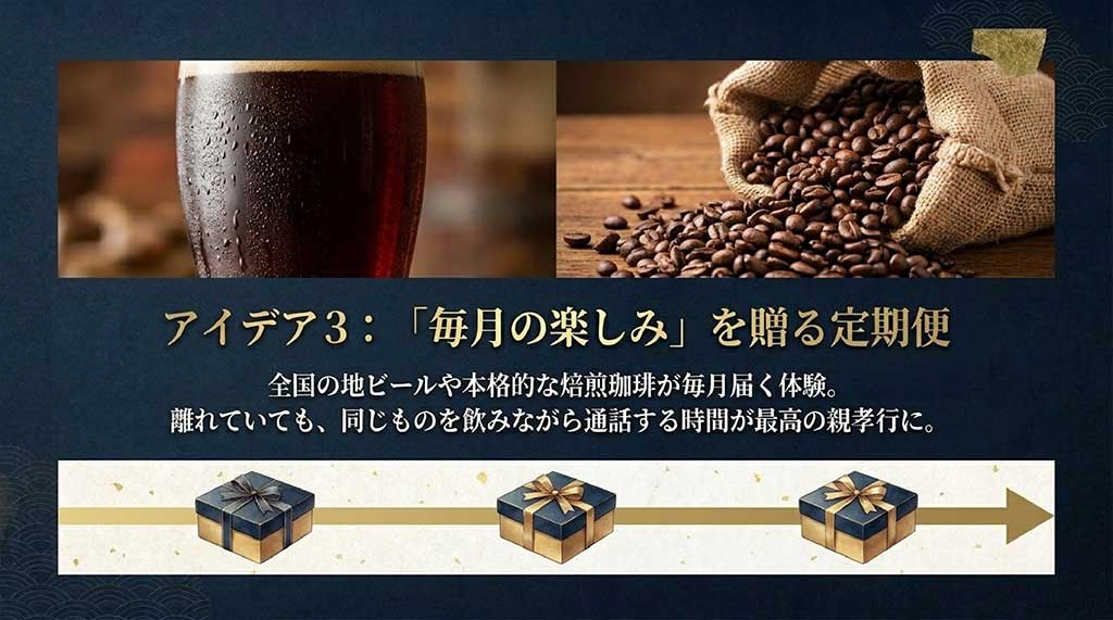 アイデア3：「毎月の楽しみ」を贈る定期便。全国の地ビールや本格的な焙煎コーヒーが毎月届く体験。離れていてもオンラインで一緒に乾杯する時間が最高の親孝行にと書かれたスライド