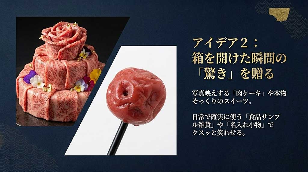 アイデア2：箱を開けた瞬間の「驚き」を贈る。写真映えする「肉ケーキ」や本物そっくりスイーツ。確実に使う食品サンプル雑貨や「名入れ小物」でクスッと笑わせると書かれた、肉ケーキとリンゴ飴の画像のスライド