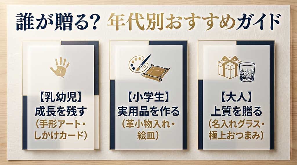 乳幼児(手形アート・しかけカード)、小学生(革小物入れ・絵皿)、大人(名入れグラス・極上おつまみ)の、年代別おすすめギフトの分類マップスライド
