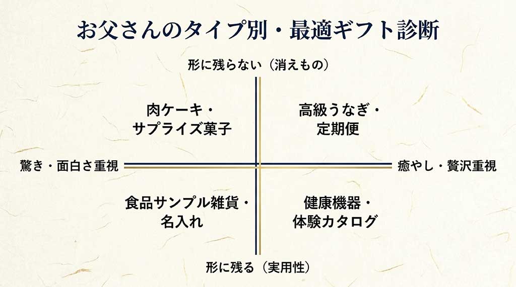 お父さんのタイプ別・最適ギフト診断。縦軸が「形に残らない（消えもの）」と「形に残る（実用性）」、横軸が「驚き・面白さ重視」と「癒やし・贅沢重視」で4象限に分類されたプレゼントの図解スライド