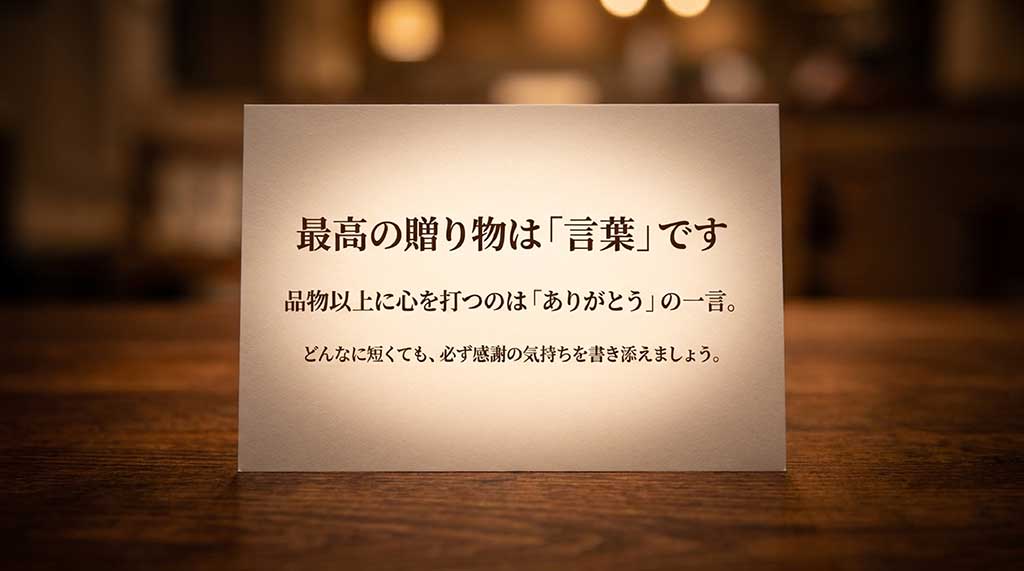 最高の贈り物は「言葉」ですとして、品物以上に心を打つのは「ありがとう」の一言であり、どんなに短くても必ず感謝の気持ちを書き添えましょうと伝えるスライド。