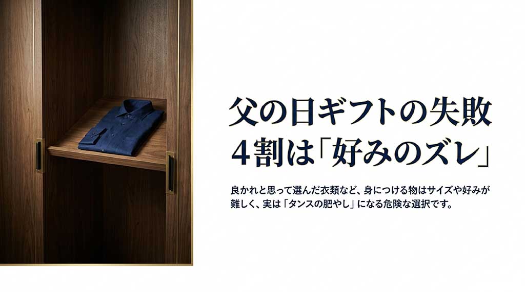 クローゼットの棚に綺麗に畳まれた紺色のシャツの画像。父の日ギフトの失敗の4割は好みのズレで、衣類はタンスの肥やしになる危険があると説明