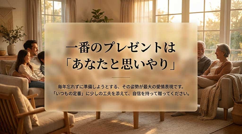 一番のプレゼントは「あなたと思いやり」というまとめ。毎年忘れずに準備しようとする姿勢が最大の愛情表現であり、いつもの定番に少しの工夫を添えて自信を持って贈ることを応援するスライド。