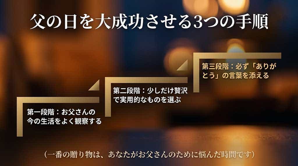 父の日を大成功させる3つの手順として、第一段階:お父さんの今の生活をよく観察する、第二段階:少しだけ贅沢で実用的なものを選ぶ、第三段階:必ず「ありがとう」の言葉を添える、をまとめたスライド。