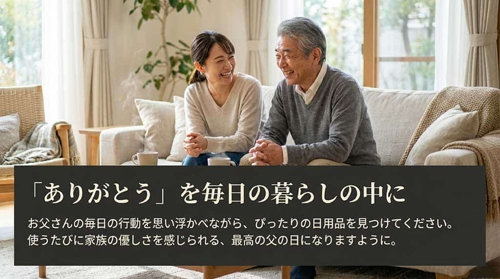 お父さんの毎日の行動を思い浮かべながらぴったりの日用品を見つけ、使うたびに家族の優しさを感じられる最高の父の日にしようというメッセージをまとめたスライド