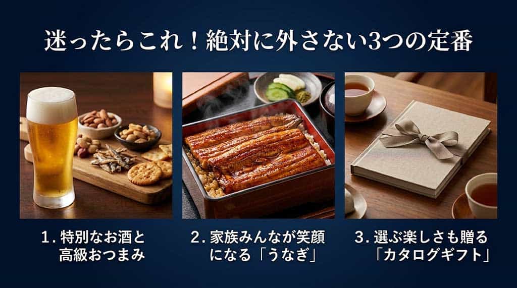 絶対に外さない3つの定番として、1.特別なお酒と高級おつまみ、2.家族みんなが笑顔になる「うなぎ」、3.選ぶ楽しさも贈る「カタログギフト」を、ビール・うな重・カタログの画像とともに紹介するスライド。