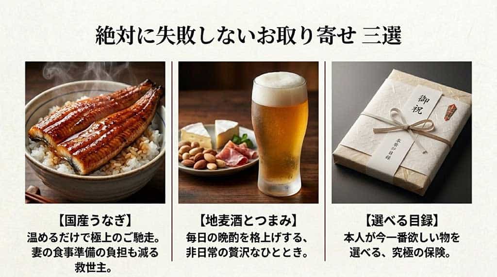 温めるだけで贅沢な国産うなぎ丼、毎日の晩酌を格上げする地麦酒（クラフトビール）とつまみ、本人が欲しいものを選べる目録ギフトの3つの厳選お取り寄せスライド
